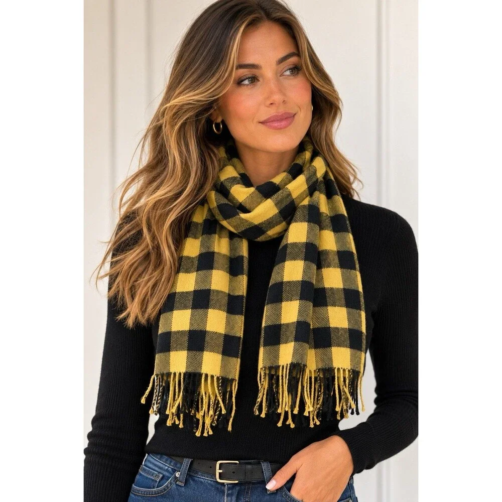 Yellow Black Buffalo Plaid Scarf Fringe Winter Wrap Unisex Soft Cozy 12x70